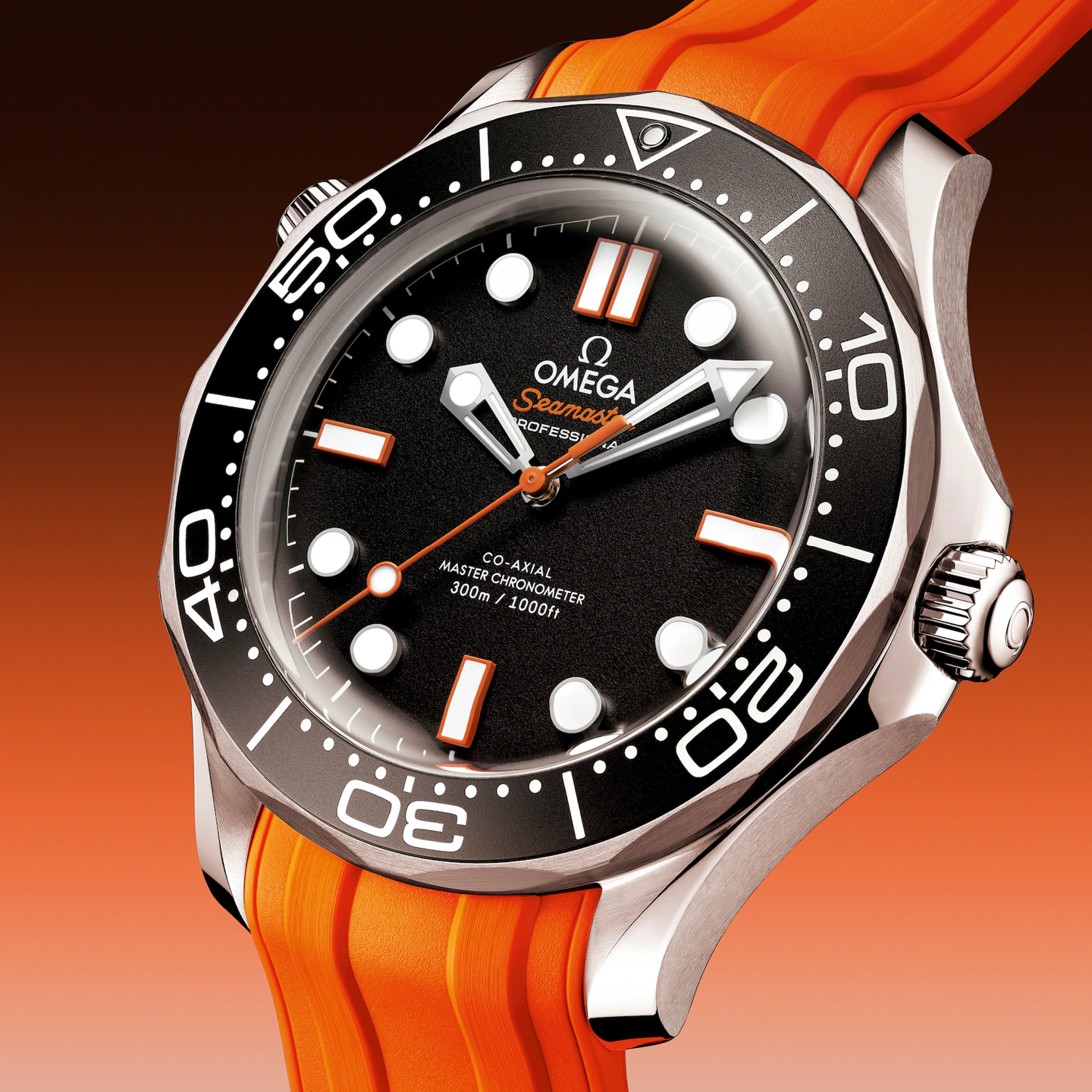 Omega watch with black dial and orange strap on a gradient background