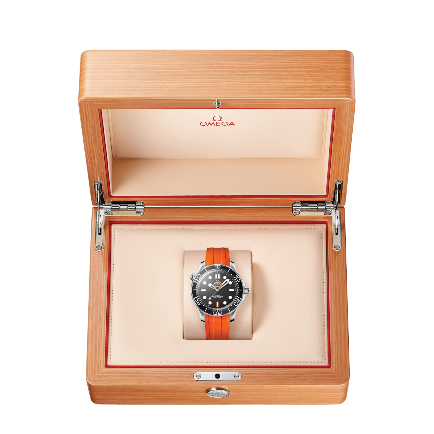 Omega watch with orange strap in a wooden box on a white background