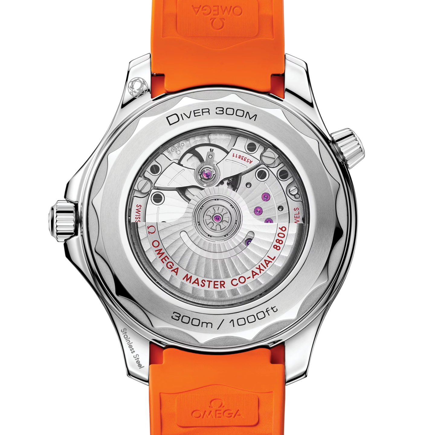 Omega watch with orange strap and visible mechanical components on a white background
