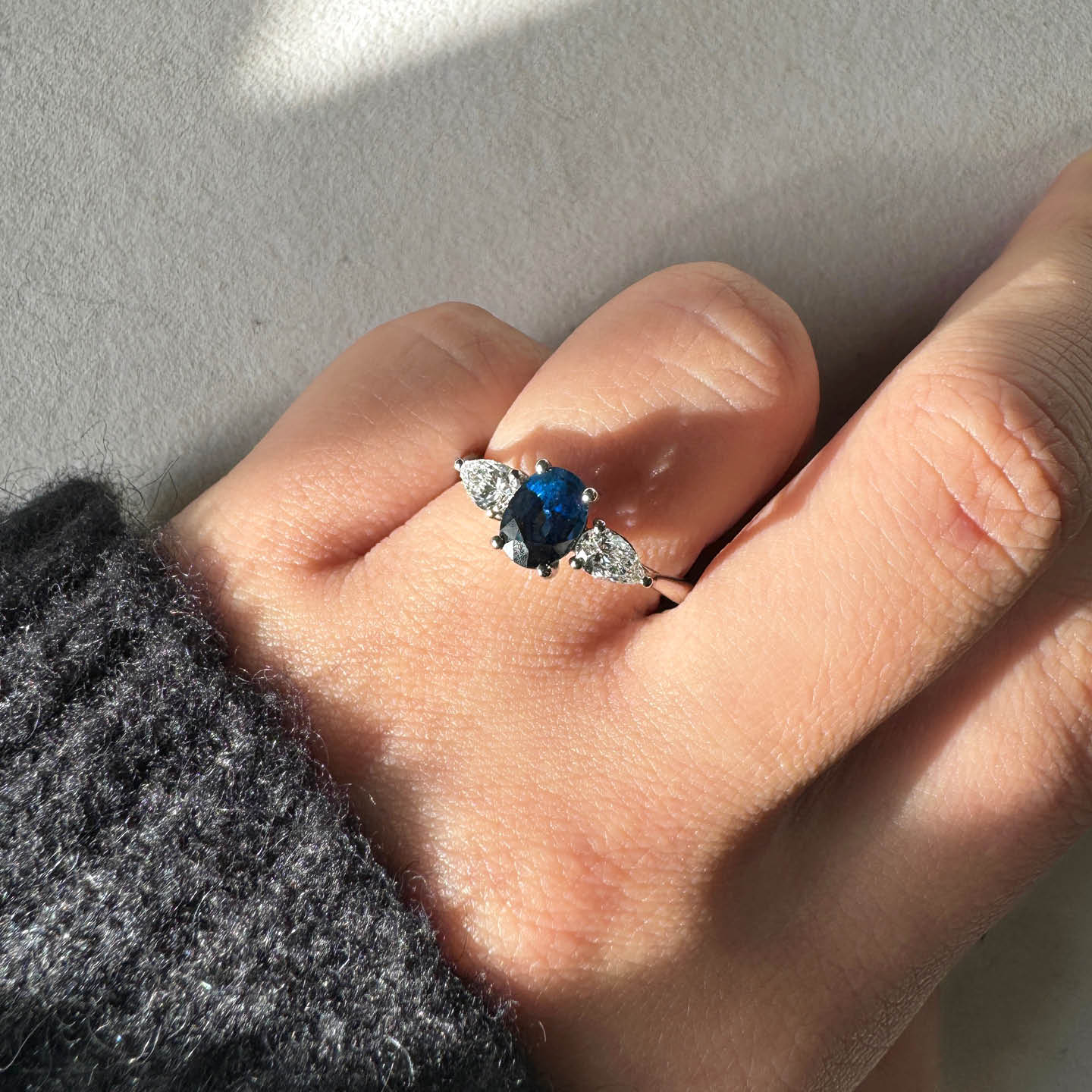 Beards Platinum Sapphire & Diamond Ring 3stn_oval_pear