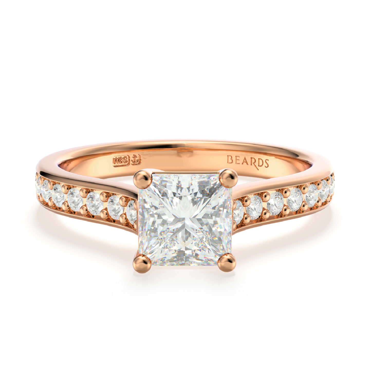 Classic Four Claw Solitaire Princess Cut Pavé Rose Gold