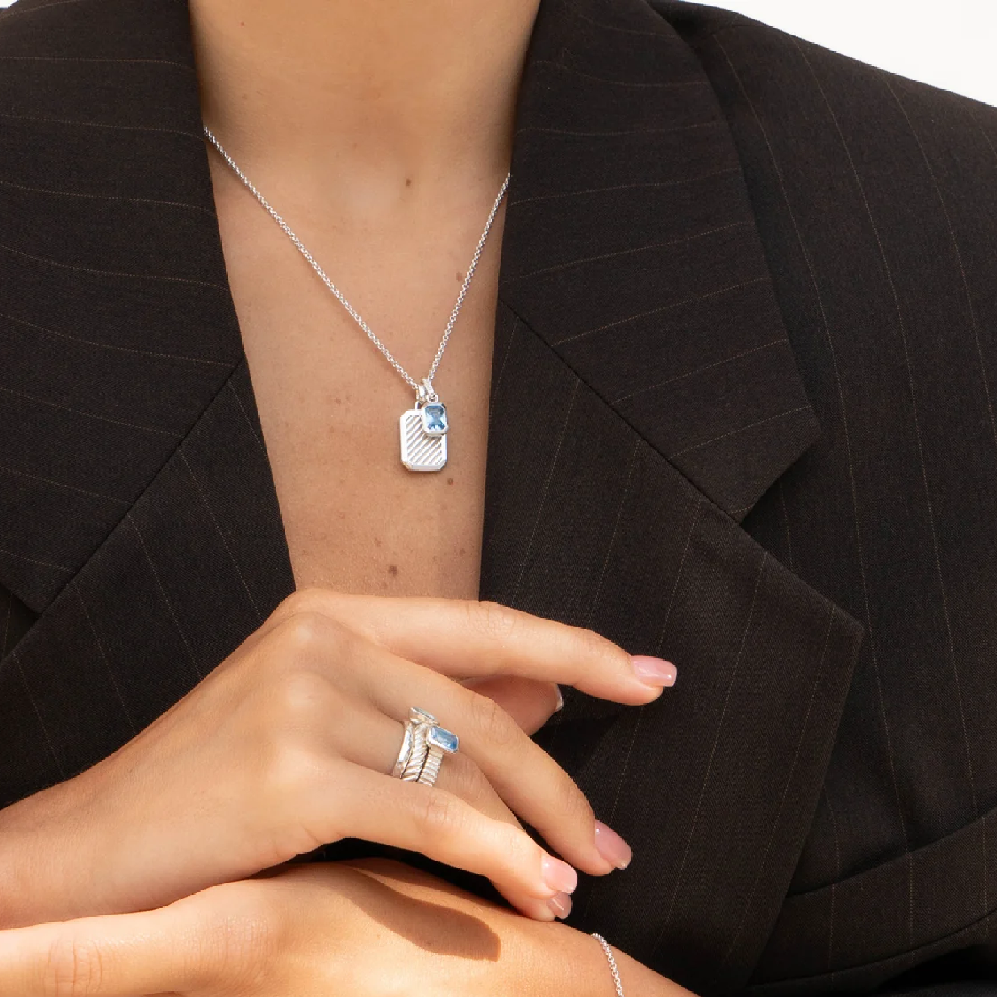DOWER & HALL Blue Topaz Octagon Humbug Necklace HHP91-S-BT-1