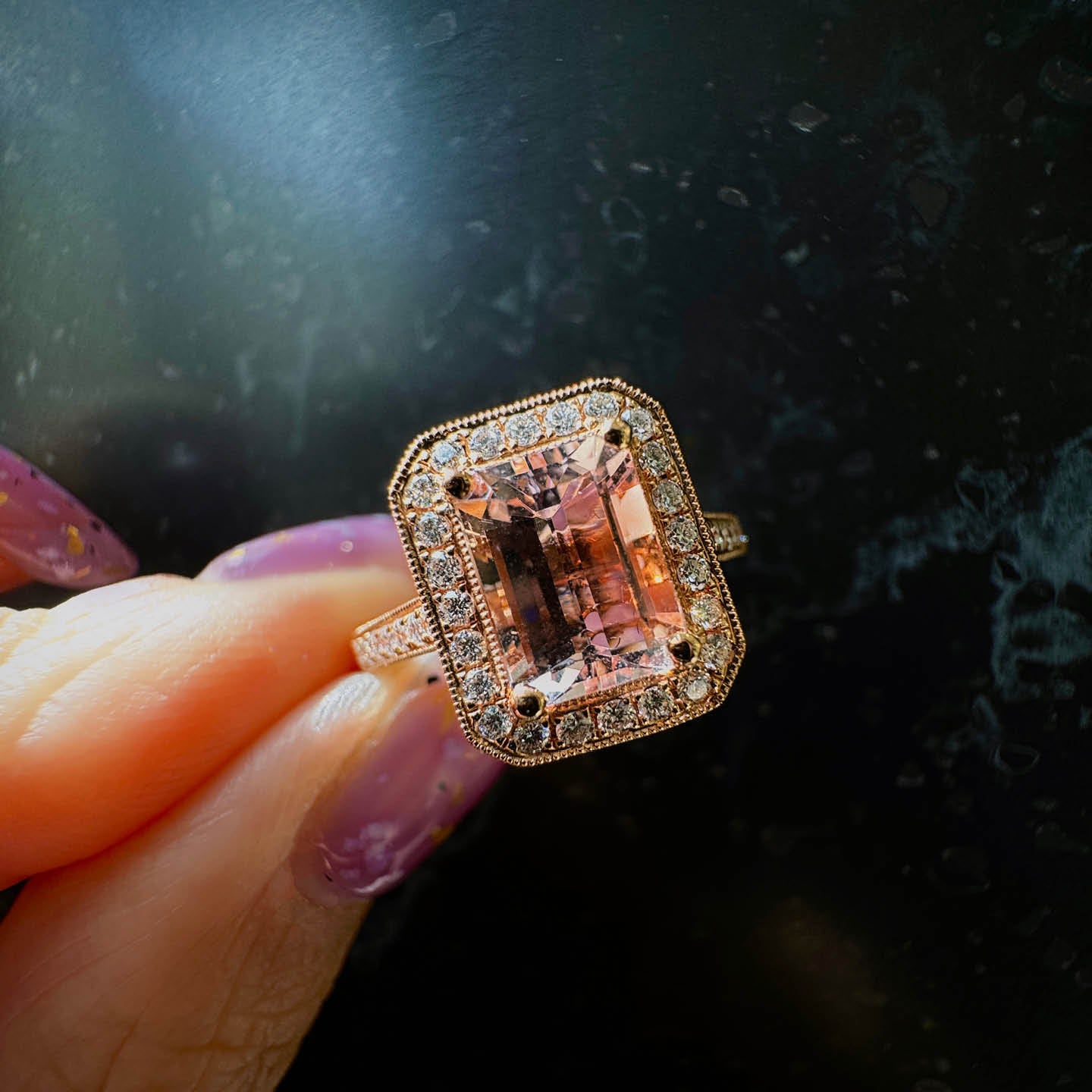 Beards 18k Rose Gold Emerald Cut Morganite & Diamond Halo Ri