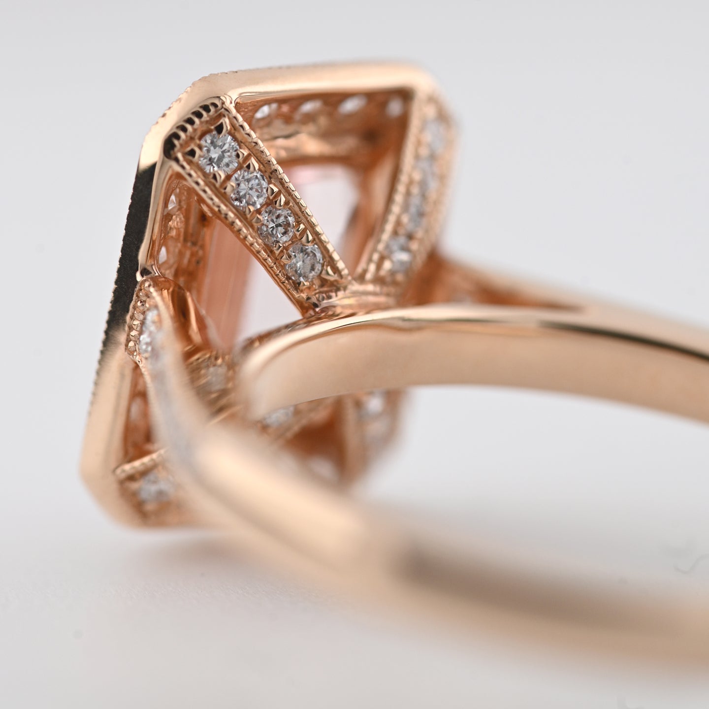 Beards 18k Rose Gold Emerald Cut Morganite & Diamond Halo Ri