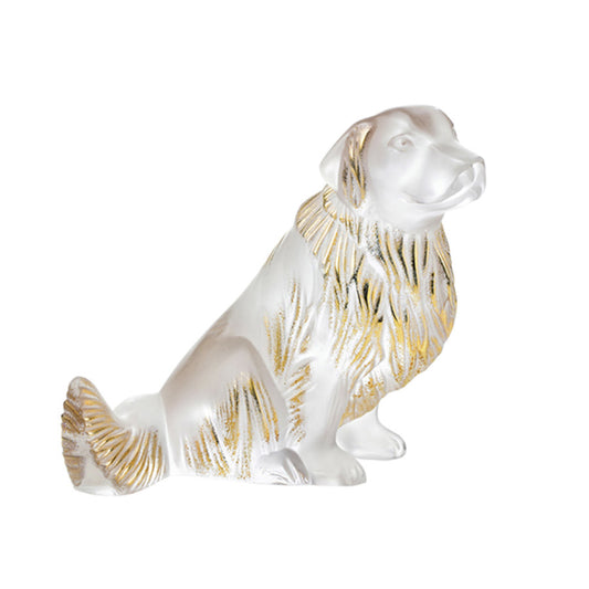 Lalique Gold Stamped Clear Crystal Golden Retriever Dog Scul