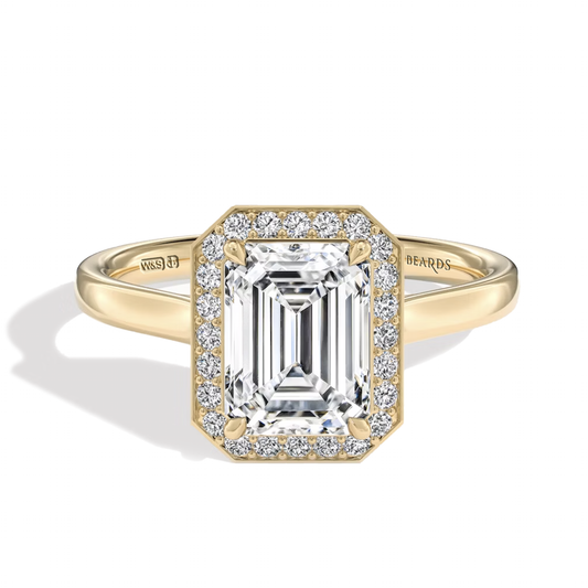 Classic Emerald Cut Halo Yellow Gold