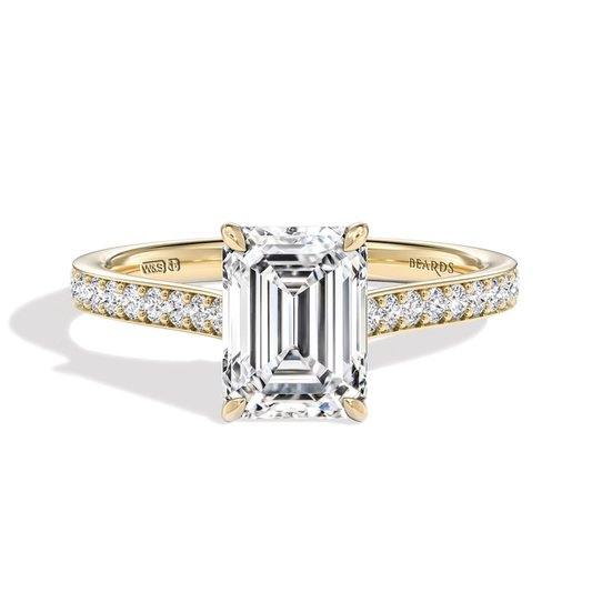 Classic Four Claw Emerald Cut Yellow Gold Pavé