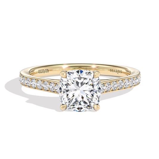 Classic Four Claw Cushion Cut Yellow Gold Pavé