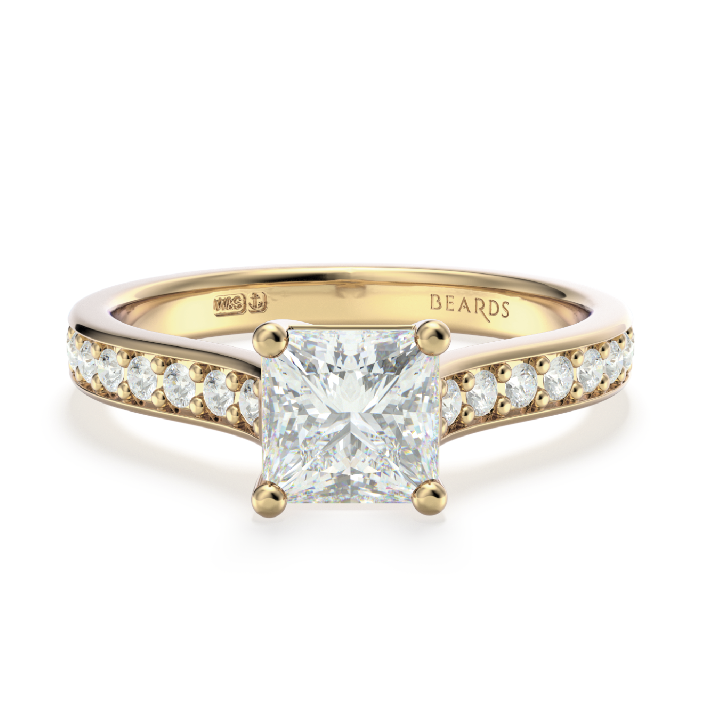 Classic Four Claw Solitaire Princess Cut Pavé Yellow Gold