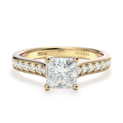 Classic Four Claw Solitaire Princess Cut Pavé Yellow Gold