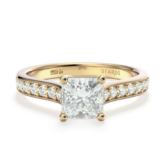 Classic Four Claw Solitaire Princess Cut Pavé Yellow Gold