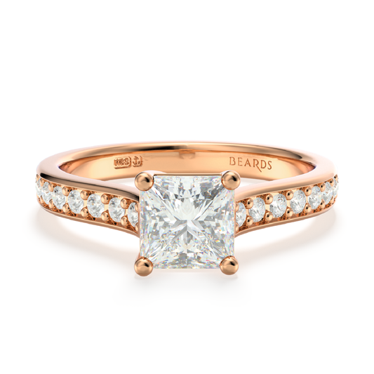 Classic Four Claw Solitaire Princess Cut Pavé Rose Gold