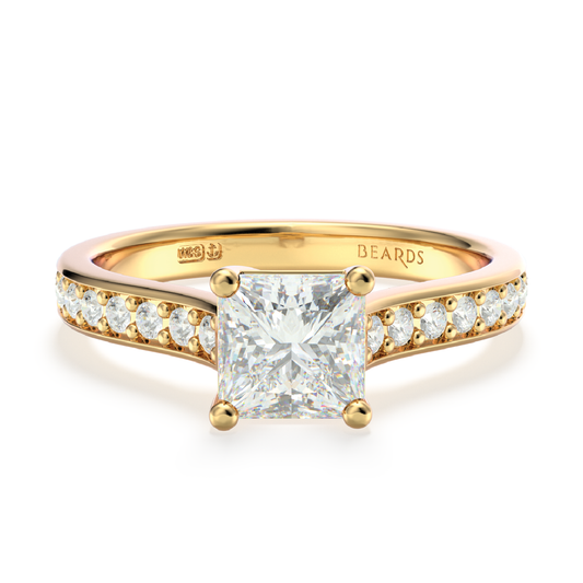 Classic Four Claw Solitaire Princess Cut Pavé Yellow Gold