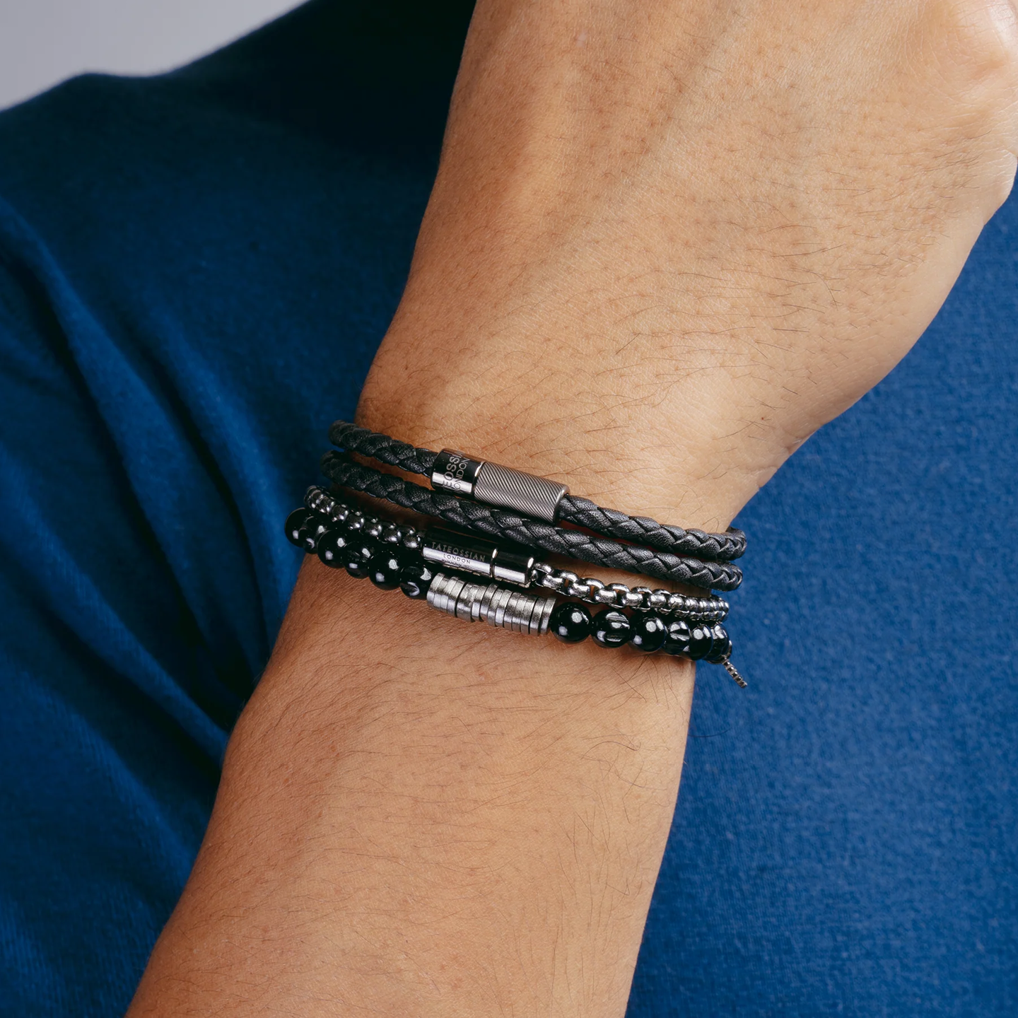 Tateossian Leather Pop Double Bracelet Black Medium