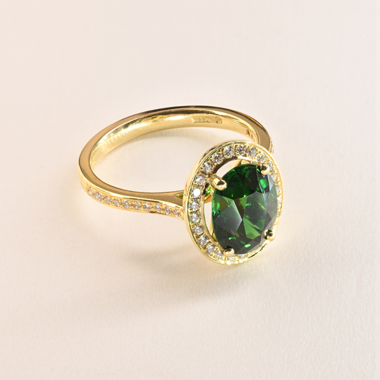 Beards 18ct Yellow Gold Tsavorite & Diamond Halo Ring