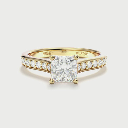 Classic Four Claw Solitaire Princess Cut Pavé Yellow Gold