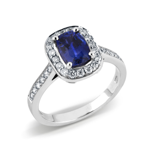 BEARDS 18ct White Gold Cushion Cut Sapphire Halo Ring