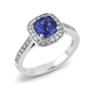 BEARDS 18ct White Gold Cushion Cut Sapphire Halo Ring