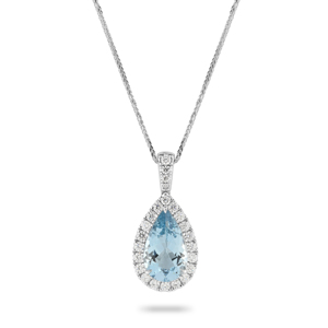 Beards 18ct White Gold Pear Cut Aquamarine Diamond Halo Pendant