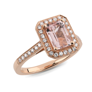 Beards 18ct Rose Gold Emerald Cut Morganite & Diamond Halo Ring