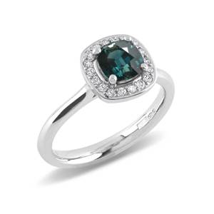 Beards Platinum Teal Sapphire & Diamond Halo Ring