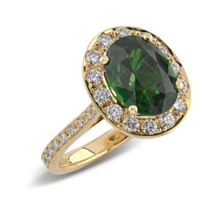 Beards 18ct Yellow Gold Tsavorite Diamond Halo Ring